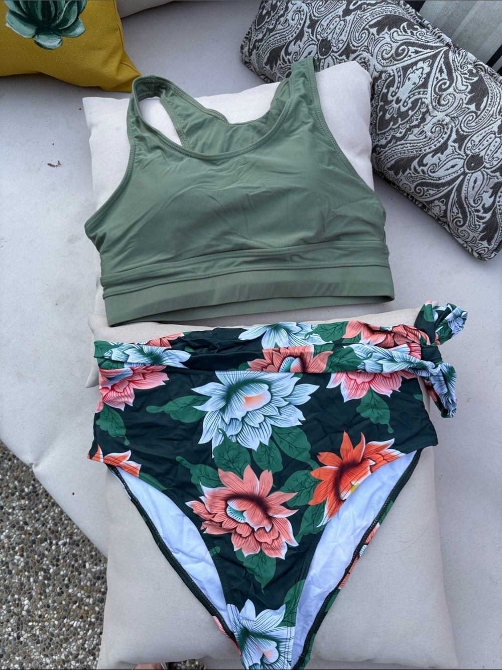 Women’s Olive Green Tank Swim Top with Floral High-Waist Bottoms